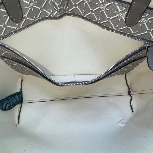 Lauren Ralph Lauren Women’s Gray Monogram Faux Leather Shoulder Straps Tote Bag - Picture 11 of 16